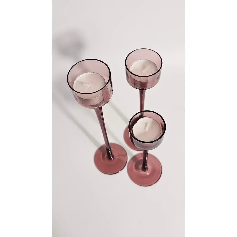 Vintage 70s Wedgewood Amethyst Glass Candle Holders 3 Purple Retro Glassware